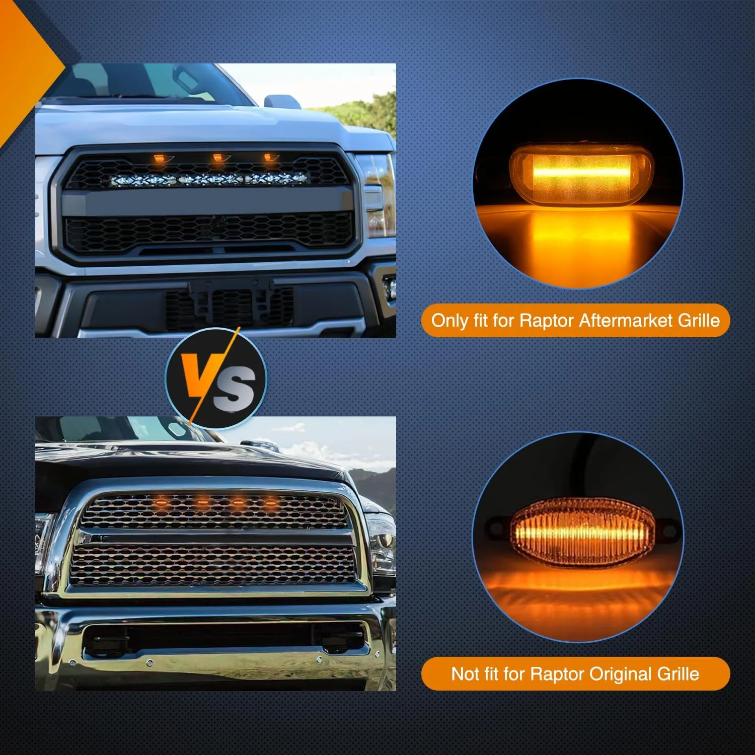 2004-2019 Ford F150 Raptor 2013-2018 Dodge Ram 1500 4LED Amber Front Grille Marker Lights