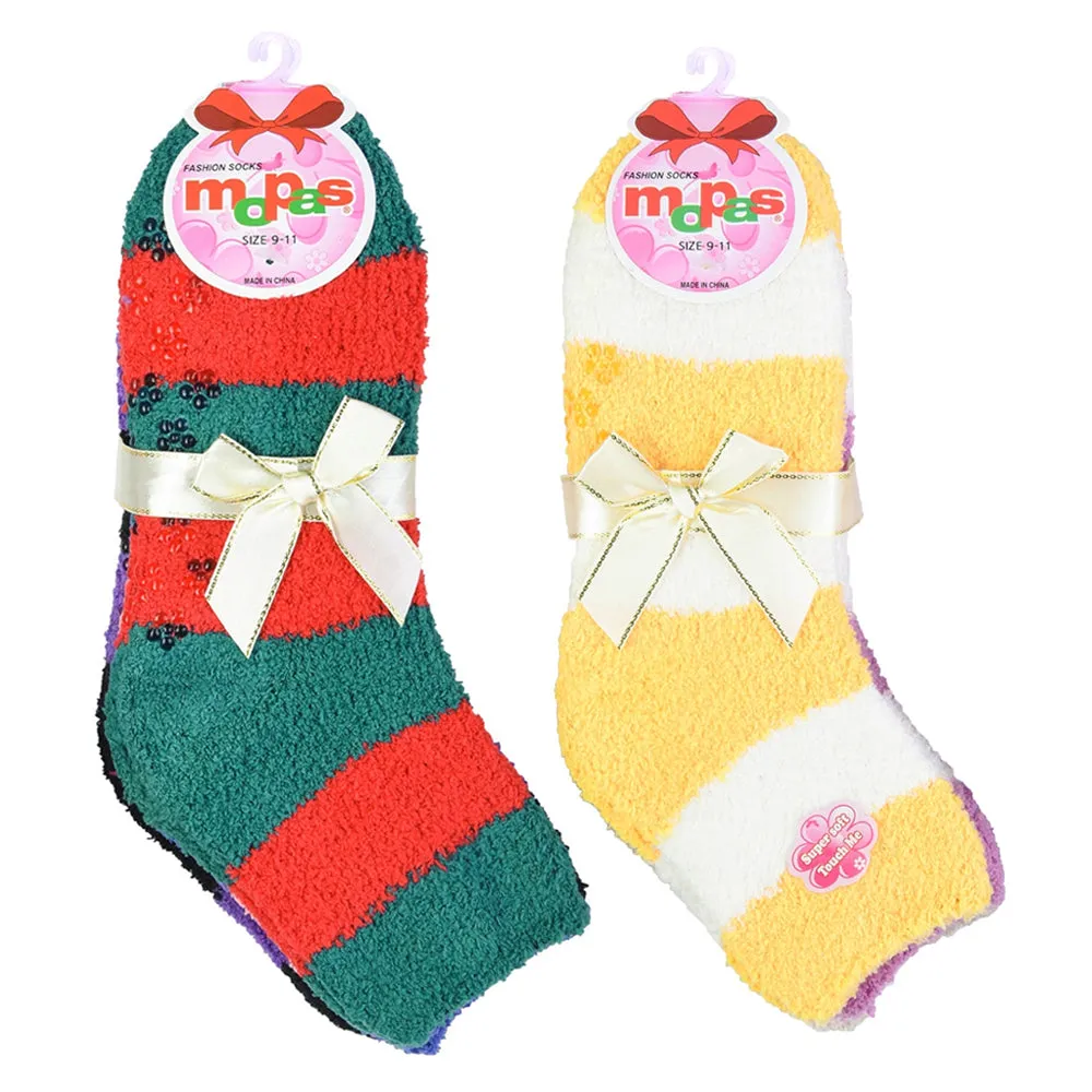 6 Pairs Women Plush Soft Cozy Fuzzy Socks Home Warm Non Skid Stripe Slipper 9-11