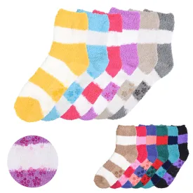 6 Pairs Women Plush Soft Cozy Fuzzy Socks Home Warm Non Skid Stripe Slipper 9-11