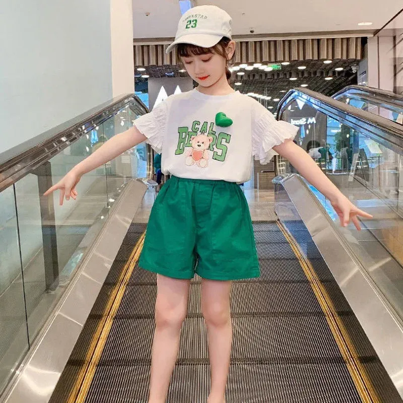 Girls Suit Puff Short Sleeves   Pink Shorts Summer Clothes 2024 New Korean Style Fashion Simple Outer Clothes 2-piece Set