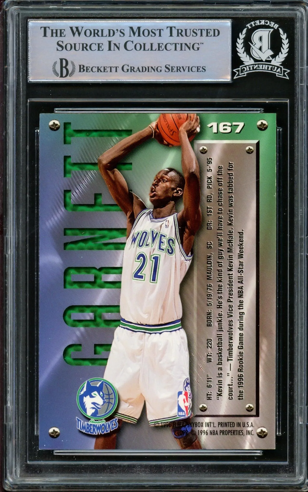 Kevin Garnett Autographed 1995-96 Fleer Metal Rookie Card #167 Minnesota Timberwolves Beckett BAS #14612518