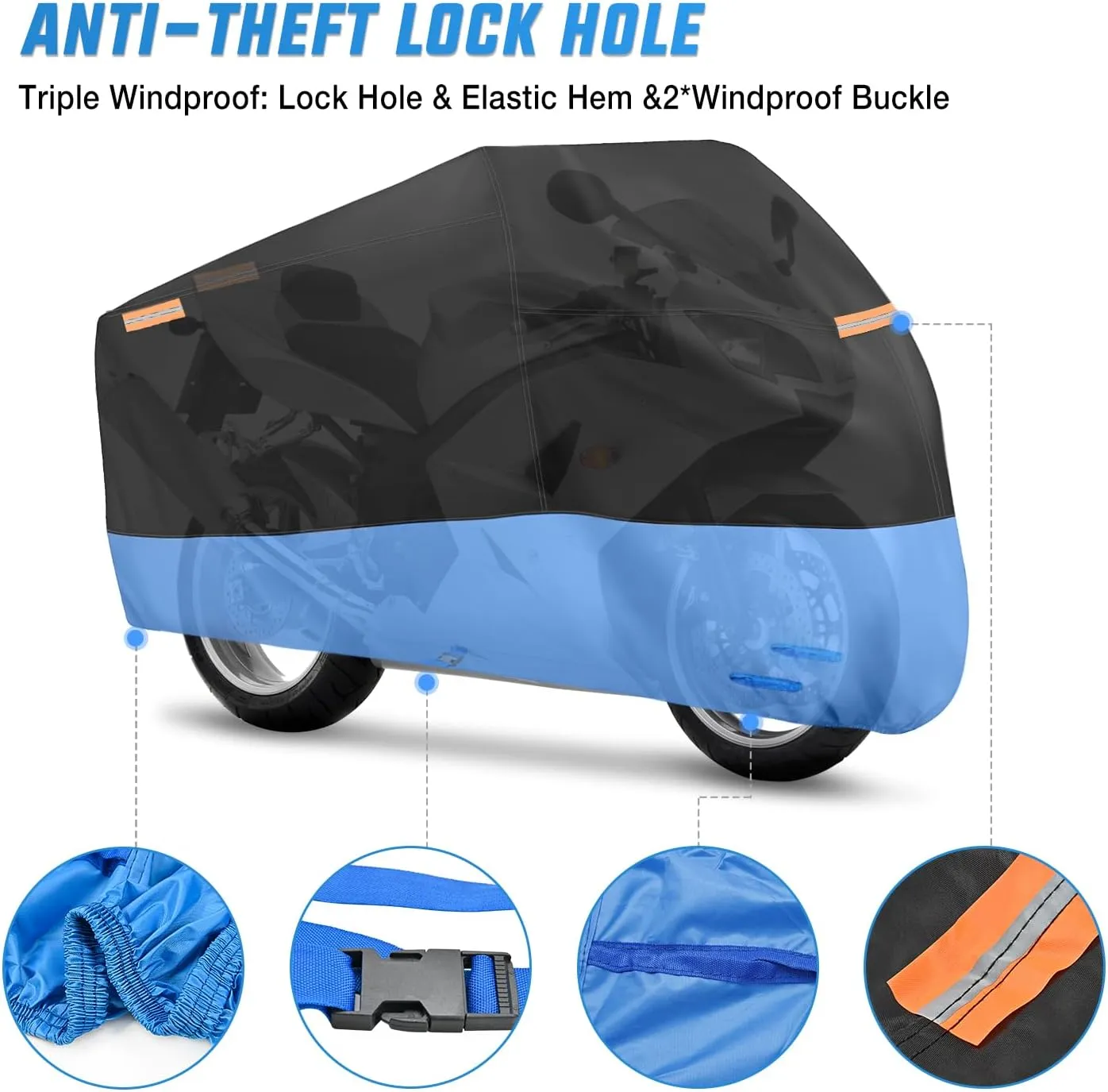 Motorcycle Cover with Lock-Hole Storage Bag & Protective Reflective Strip Fits up to 96 Inch