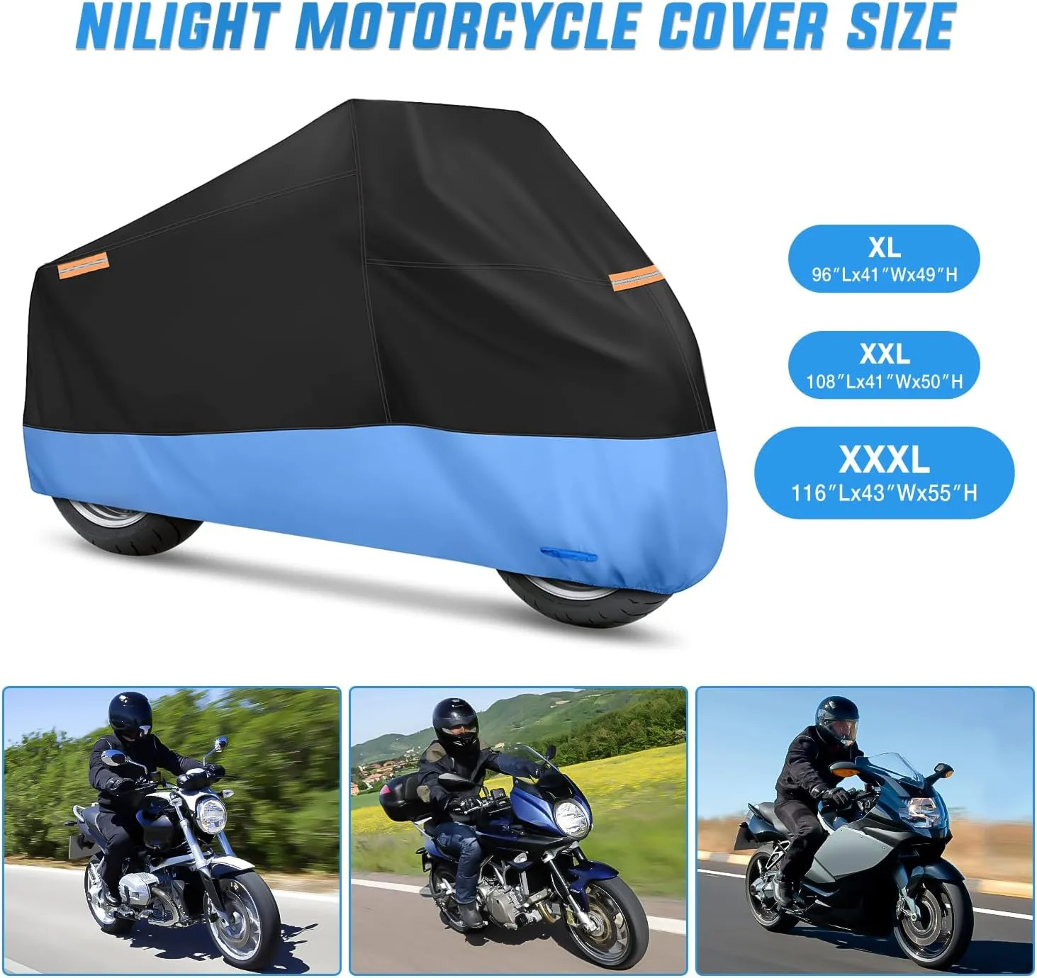 Motorcycle Cover with Lock-Hole Storage Bag & Protective Reflective Strip Fits up to 96 Inch